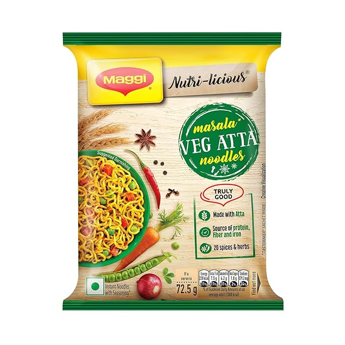MAGGI Nutri-licious Masala Veg Atta Noodles, Instant Noodles with 20 Spices & Herbs, 12 Packs