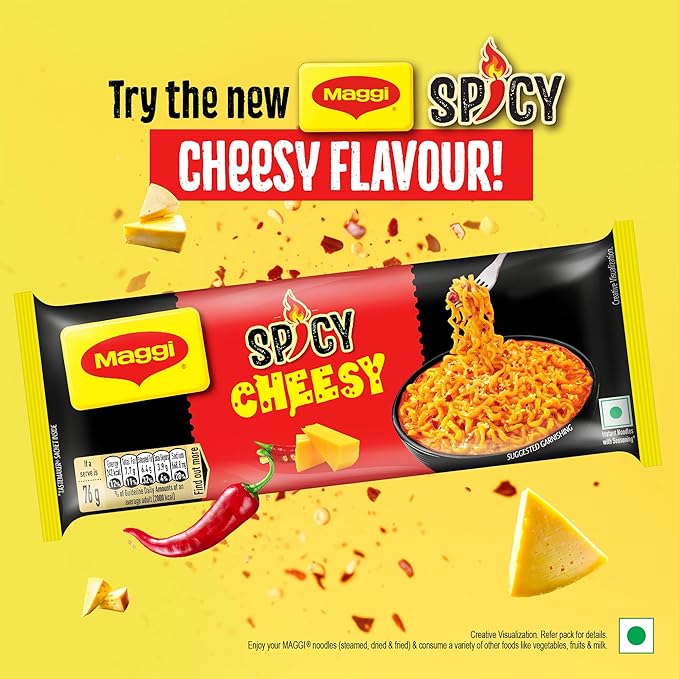 MAGGI Spicy Cheesy Instant Noodles with Seasoning | Yummy Cheese Meets MAGGI Noodles | 3 Packs of 4pcs each