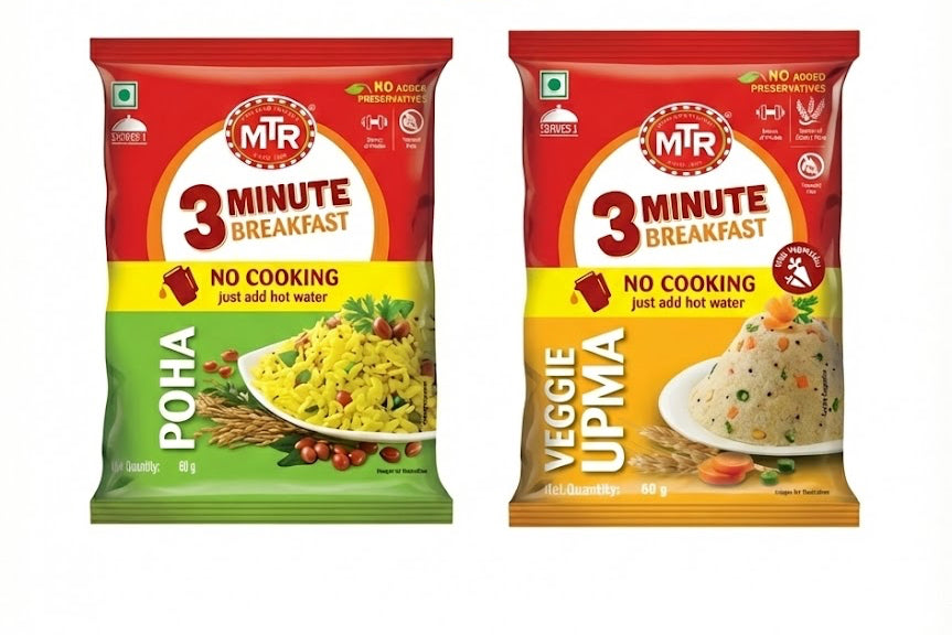 MTR Breakfast Combo- Poha 60g (12pcs), Veggie Upma 60g (12pcs), Total 24pcs
